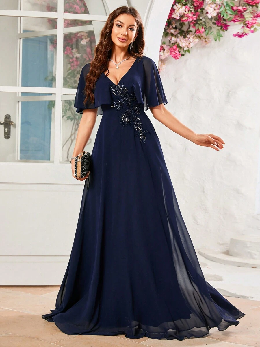 亮片拼布荷叶边袖 V 领雪纺宴会连衣裙 - 藏蓝色 - 查看 1