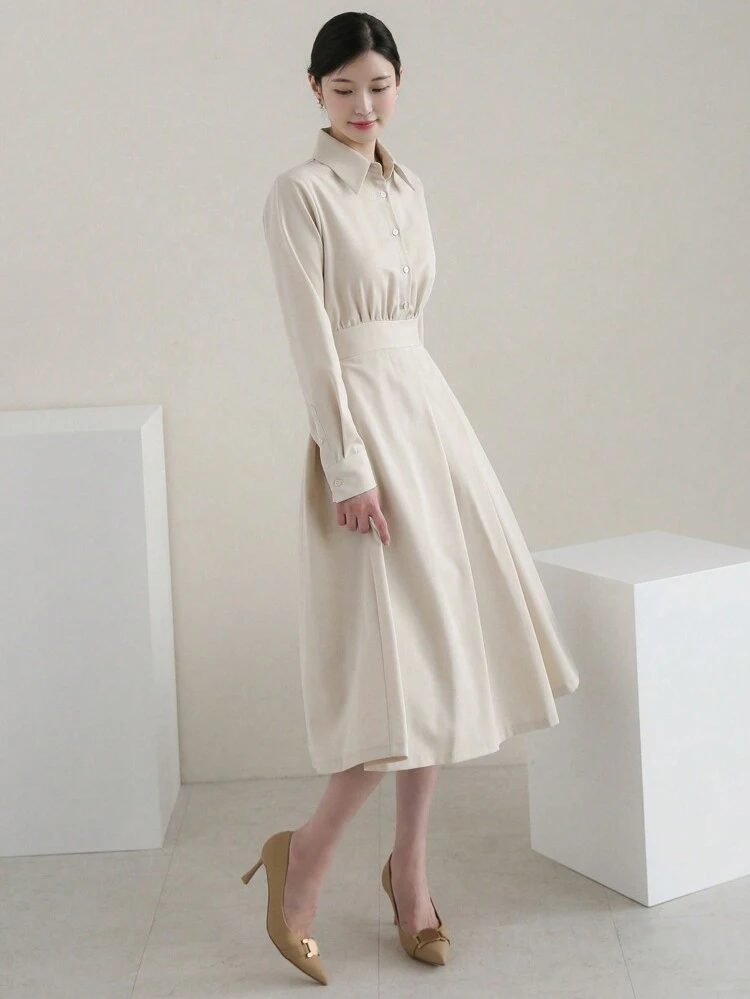 Ladies' Solid Color Pleated Casual Dress Shirt Dress,Fall Clothes Long Sleeve Dress