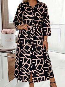 SHEIN LUNE 加大码全印花系腰带衬衫裙长款女装 - 彩色 - 查看 4