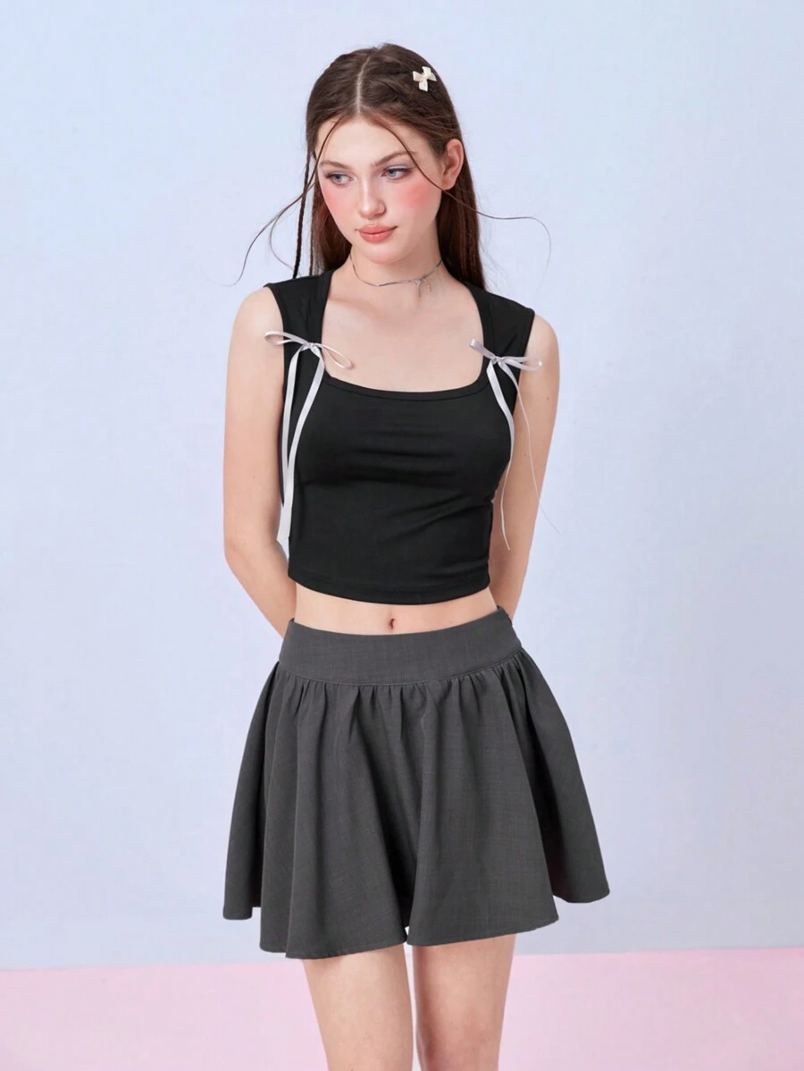 SHEINNeu Débardeur et jupe casual d'été en deux pièces pour femmes, style kawaii balletcore avec nœud ruban. Tenue de sortie d'été - Multicolore - Voir 1
