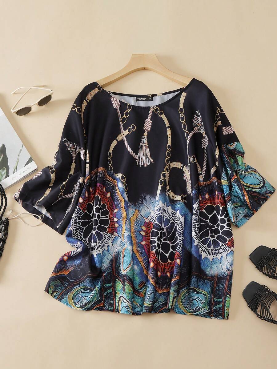 EMERY ROSE 加大尺碼女士鍊印圓領上衣 - 彩色 - 查看 1