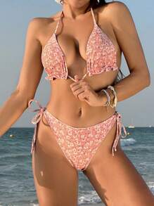 SHEIN Swim 女士碎花露背系带比基尼套装夏季海滩 - 粉色 - 查看 4