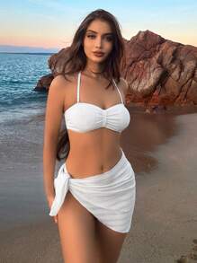 SHEIN Swim Vcay 夏日沙灘實色質感領口比基尼套裝 - 白色 - 查看 3