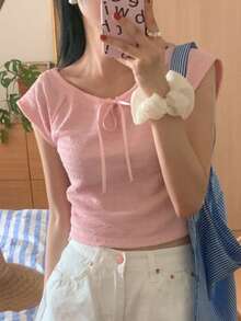 DAZY 女款純色領領帶細節 T 卹 - 粉色 - 查看 8