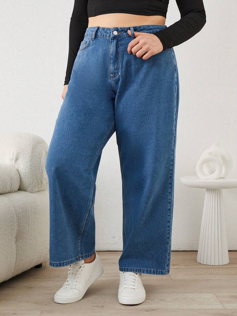 SHEIN Cottnline Plus Size Women's Jeans With Pockets - Medium Wash - View 1