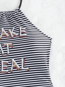 SHEIN Swim 女士字母条纹印花吊带背心套装 夏季 - 黑與白 - 查看 4