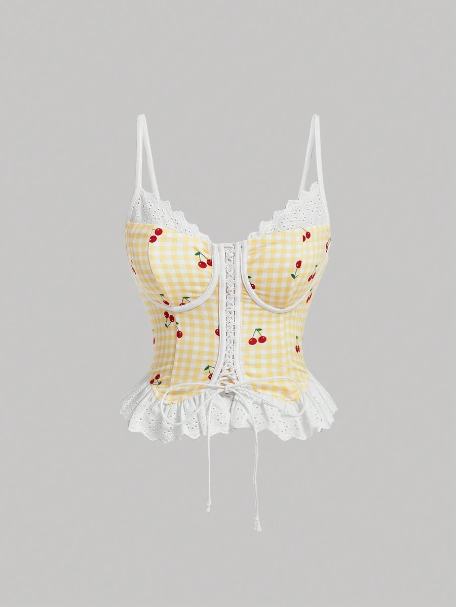 SHEIN MOD Của phụ nữ Kẻ sọc & Quả cherry In Xu hướng: Cắt giảm Thêu Sự tréo nhau Cà vạt vai Áo ba lỗ - Màu vàng - Xem 1