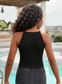 SHEIN Tween Girls' Ribbed Casual Tank Top - Black - View 2