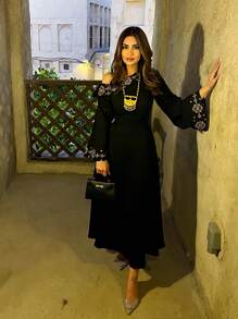 Modelyn Women's Geometric Pattern Asymmetrical Neckline Flare Sleeve Dress,Elegant Evening Party Dress Long Evening Dresses