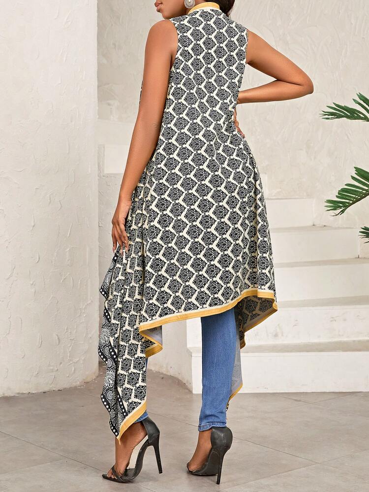 Full Printed Sleeveless Asymmetrical Hem Blouse