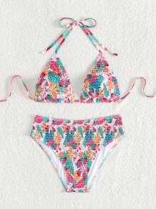 SHEIN Swim Summer Beach Women's Plant Printed Push-Up Bikini Set - Multicolor - View 3