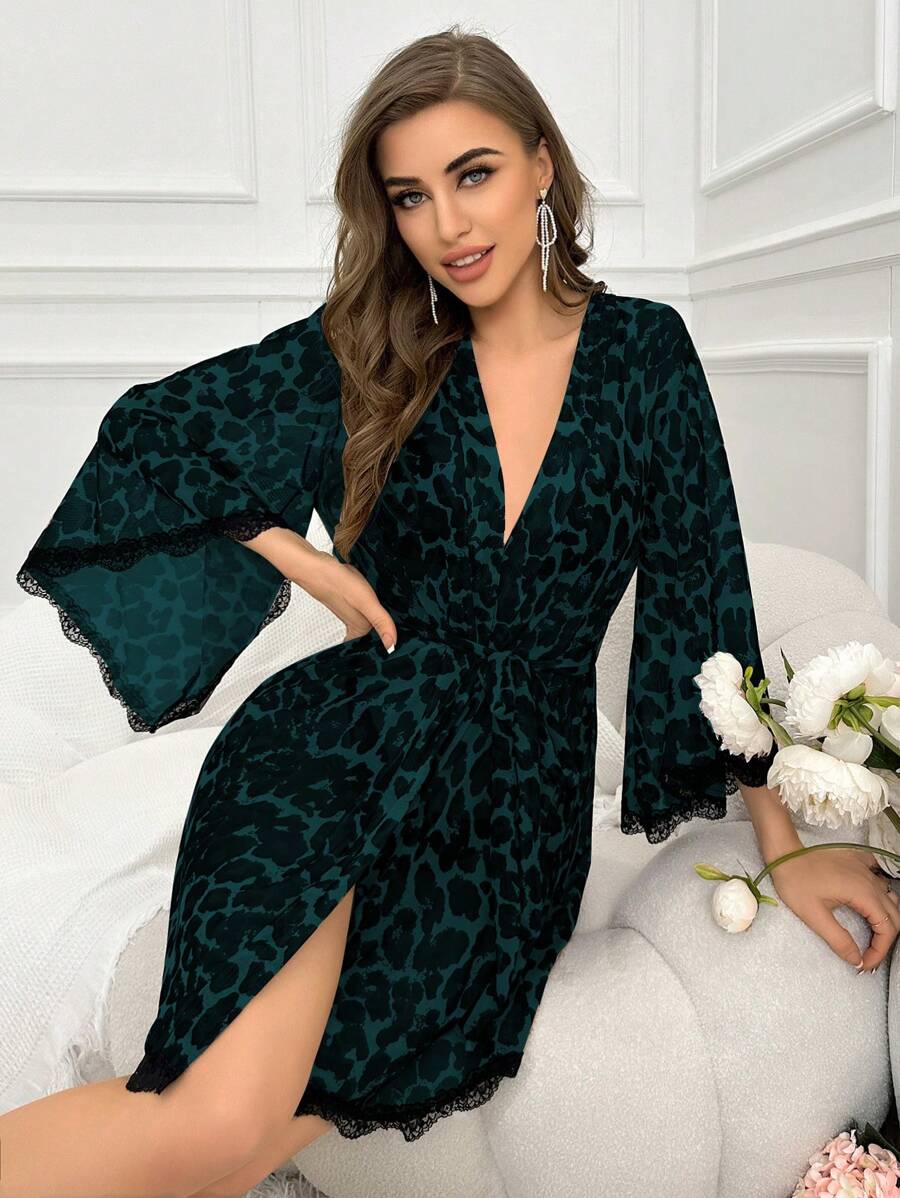 SHEIN 女士豹紋網狀連衣裙 - 墨綠色 - 查看 1