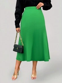 SHEIN Clasi Plus Solid Mermaid Hem Skirt - Green - View 4
