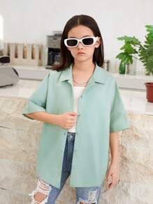 SHEIN Tween Girl的編織寬鬆版型休閒短袖衫,帶字母印花 - 薄荷綠 - 查看 4