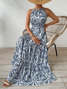 Breezaya 植物印花挂脖长裙 度假海滩装 女装 - 藍色 - 查看 4