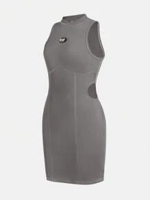 Teen Girls' Sleeveless Knitted Dress With Embellished Rhinestone Letter Stand Collarline - Grey - View 3