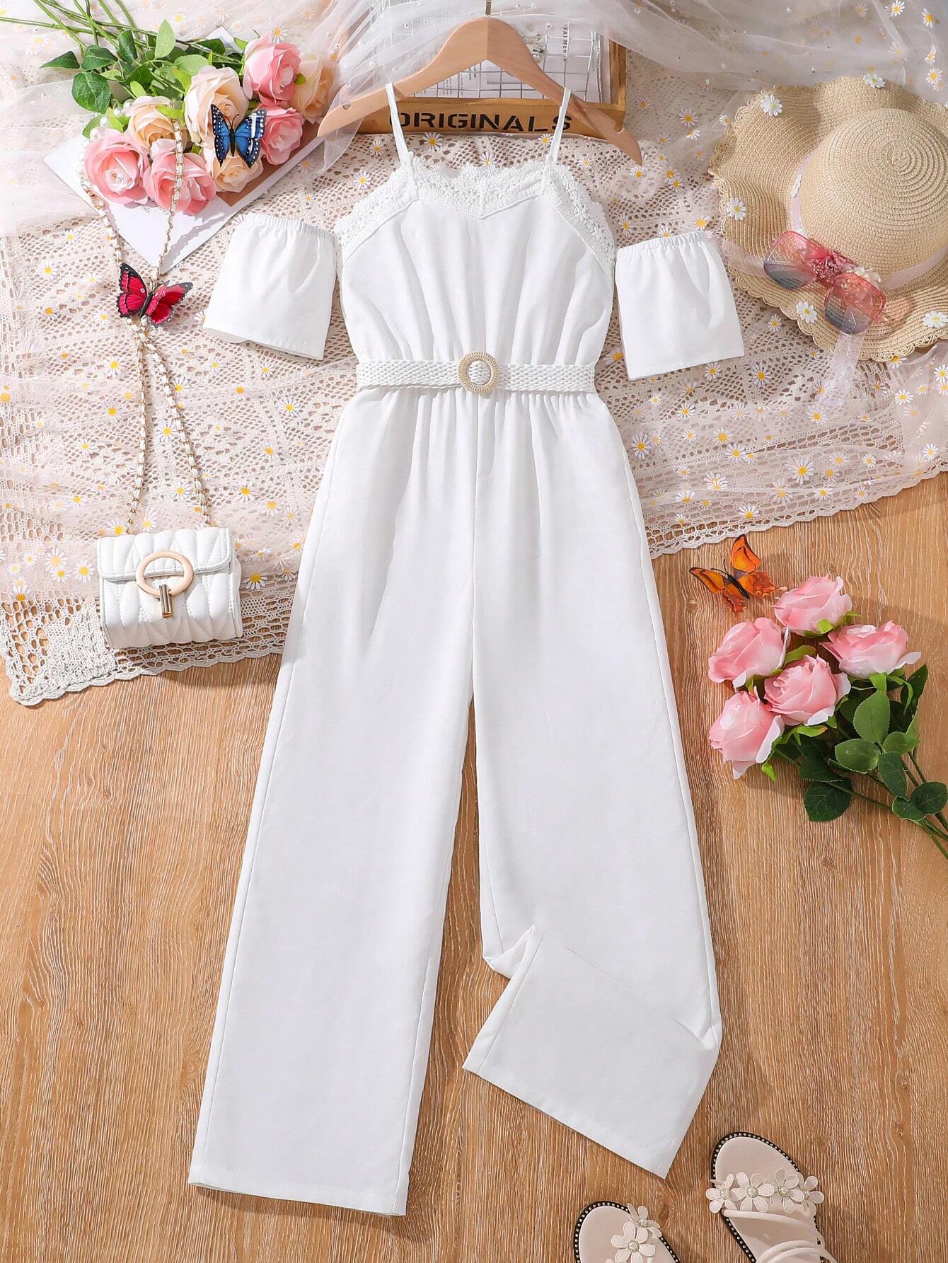 SHEIN Tween Girls' Solid Color Off-Shoulder Lace Patchwork Street Style ...