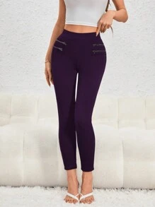 SHEIN Essnce 女士實色打底褲,帶拉鍊設計 - 紫色 - 查看 4