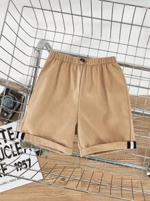 SHEIN Young Boy Casual Solid Woven Rolled Hem Shorts - Khaki - View 1