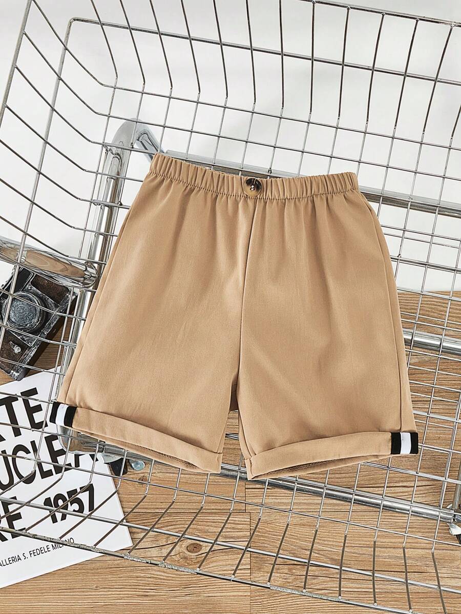 SHEIN Young Boy Casual Solid Woven Rolled Hem Shorts - Khaki - View 1