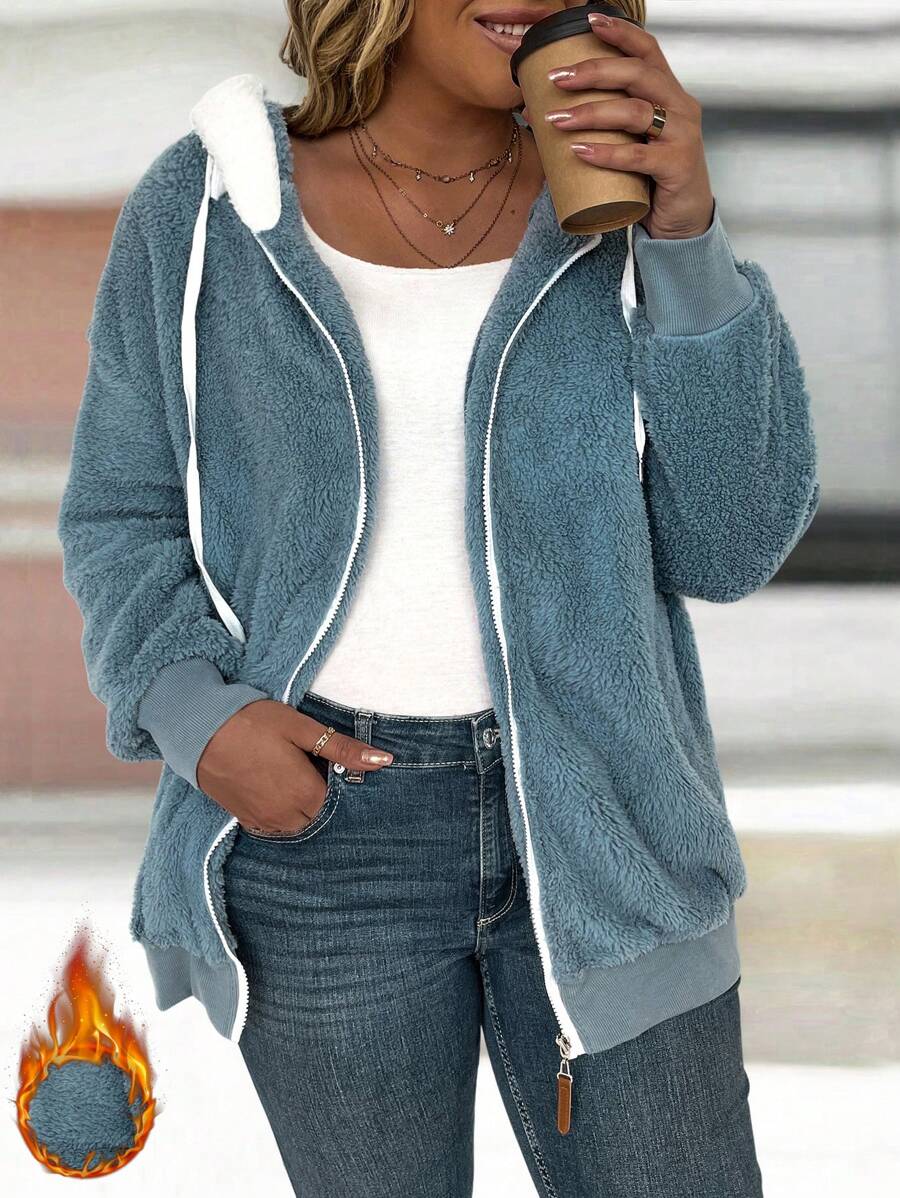 SHEIN LUNE Plus Contrast Fuzzy Trim Teddy Zip Up Hoodie Thermal - Blue - View 1