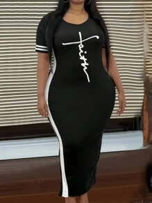 Maweii 女款字母條紋印花大尺碼修身連身裙 - 黑與白 - 查看 4