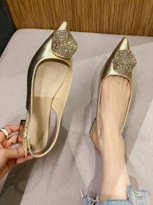 Fall/Winter Fashionable Pointed Toe, Square Buckle, Chunky Heel, Flat Shoes For Women - Gold - View 6