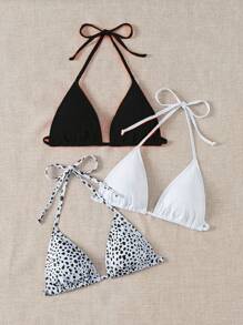 SHEIN Swim Summer Beach Women's Halter Neck Swimwear Top With Straps Triangle Bikini Top - Multicolor - View 2