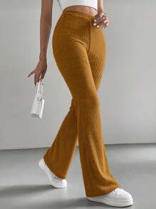 SHEIN EZwear Retro Style Brown Elastic Waist Flare Leg Pants