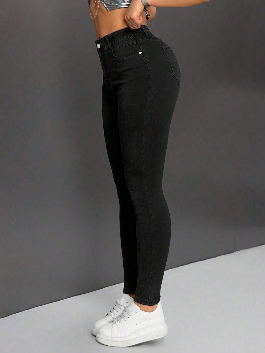SHEIN PETITE Women's High Waist Skinny Jeans - Black - View 1