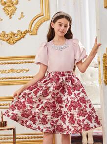 SHEIN Tween Girls' Sweet Puff Sleeve Shirt With Jewel Neckline And Floral Print Skirt Two-Piece Set - Burgundy - View 10