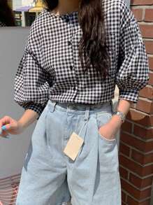 DAZY 女士宽松格纹圆领灯笼袖衬衫夏季 - 黑與白 - 查看 6