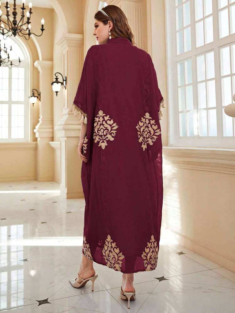 Burgundy Red Loose Fit Embroidery Detailing Tassel Trimmed Edge Dress Kaftan Jalabiya Dress