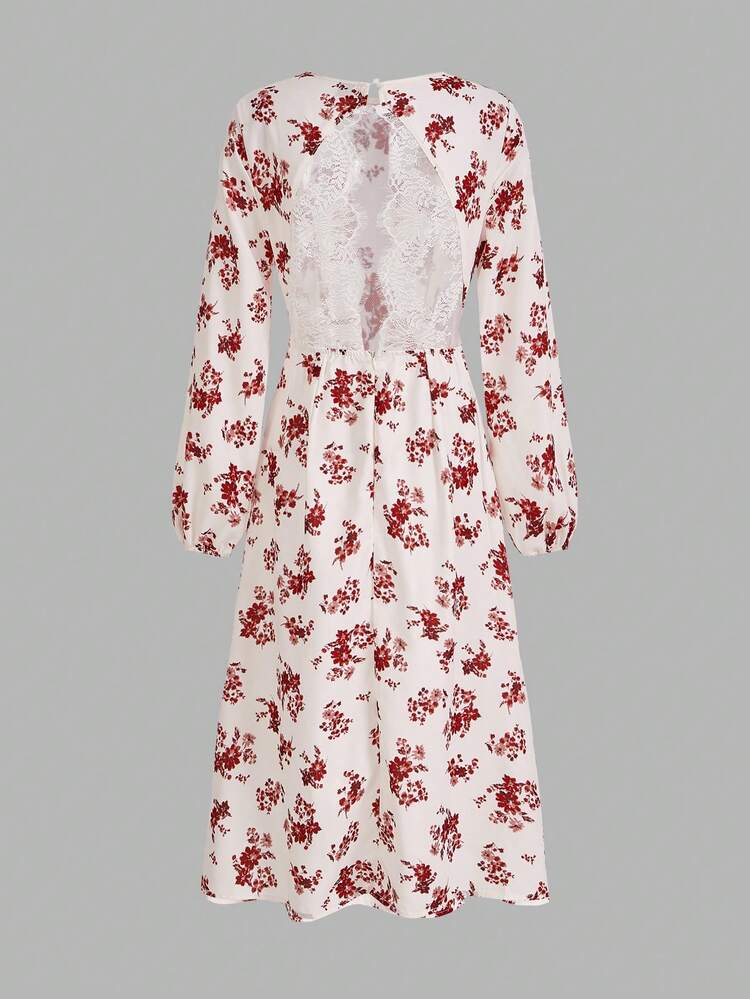 Summer Vacation Wedding Elegant Romantic, Sexy Backless Exquisite Lace Patchwork Printed Floral Waist Cinched A Liner Puff Sleeve Fashion Dress