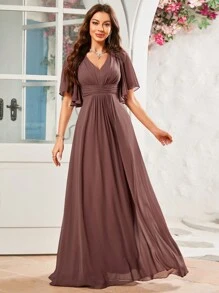 Solid Color Butterfly Sleeve Pleated With Chest Detail, Floor Length Chiffon Bridesmaid Dress Elegant Dress - Bụi hồng - Xem 1