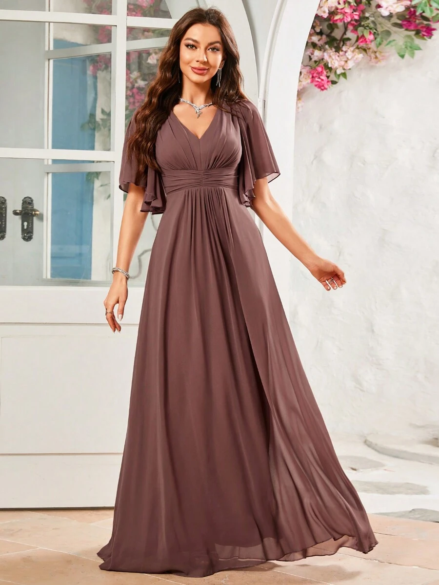 Solid Color Butterfly Sleeve Pleated With Chest Detail, Floor Length Chiffon Bridesmaid Dress Elegant Dress - Bụi hồng - Xem 1