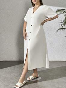 SHEIN Essnce Women's Plus Size Comfortable And Casual Apricot Long Dresses With Decorative Button, Slit, V-Neck - Apricot - View 5