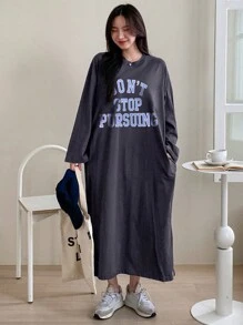 DAZY 女士长袖宽松字母印花长裙，秋装 - 深灰色 - 查看 4