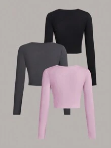 SHEIN EZwear 3入組休閒圓領修身女款長袖T卹，後短前長剪裁，適合夏季穿著