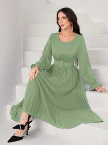 Modelyn Của phụ nữ Vòng cổ Tay áo loe Đầm Với Viền xếp - màu xanh lá - Xem 1