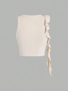 SHEIN Unity Màu thuần Tròn Đường viền cổ áo Viền Ruffle Trang trí Áo ba lỗ - Màu be - Xem 2