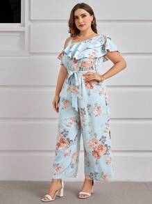 SHEIN Clasi Summer Plus Size Wedding Floral Print Asymmetrical Collar Straight Jumpsuit - Baby Blue - View 6