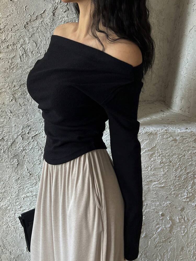 Off Shoulder Slim Fit Ruched Long Sleeve T-Shirt,Fall Women Clothes