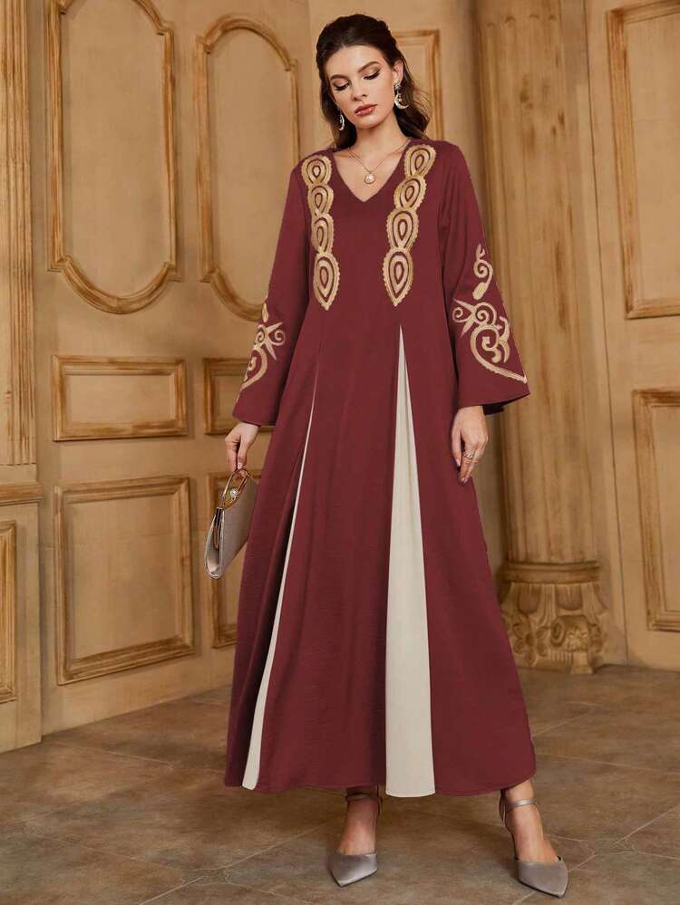Burgundy Red Embroidery Detail Loose Fit V-Neck Kaftan