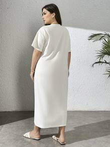 SHEIN Essnce Women's Plus Size Comfortable And Casual Apricot Long Dresses With Decorative Button, Slit, V-Neck - Apricot - View 2