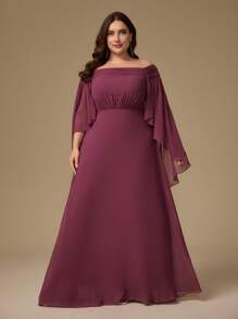 Plus Size Off Shoulder Ruched Waist Tie Long Bridesmaid Dress - Purple - View 1