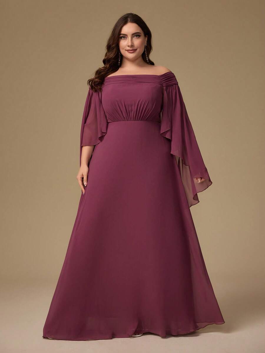 Plus Size Off Shoulder Ruched Waist Tie Long Bridesmaid Dress - Purple - View 1
