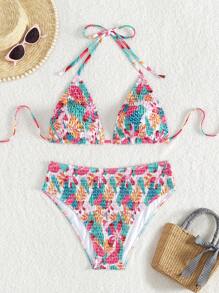 SHEIN Swim Summer Beach Women's Plant Printed Push-Up Bikini Set - Multicolor - View 4