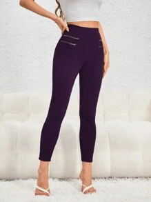 SHEIN Essnce 女士實色打底褲,帶拉鍊設計 - 紫色 - 查看 3