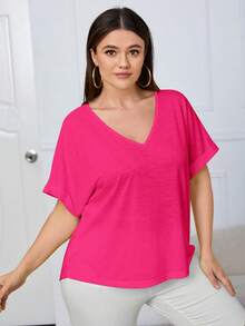 SHEIN Essnce Plus Size Solid Color V-Neck Loose Short Sleeve T-Shirt - Pink - View 4